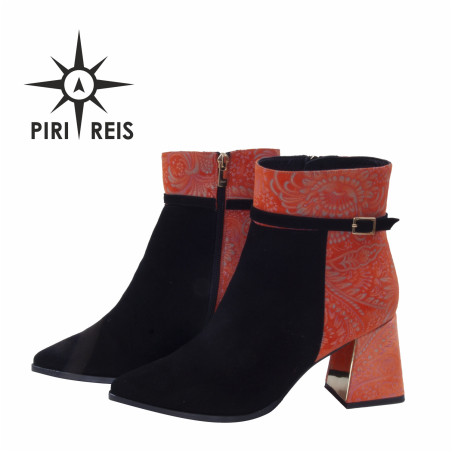 Czarno-Pomarańczowe Botki ze Skóry z Wzorem | Ręcznie Wykonane – Piri Reis