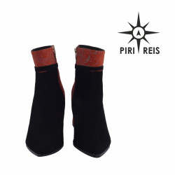 Czarno-Pomarańczowe Botki ze Skóry z Wzorem | Ręcznie Wykonane – Piri Reis