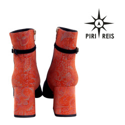 Czarno-Pomarańczowe Botki ze Skóry z Wzorem | Ręcznie Wykonane – Piri Reis