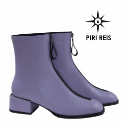 Fioletowe Botki Skórzane PIRI REIS - Niski Obcas, Zamek Z Przodu