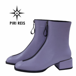 Fioletowe Botki Skórzane PIRI REIS - Niski Obcas, Zamek Z Przodu