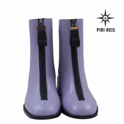 Fioletowe Botki Skórzane PIRI REIS - Niski Obcas, Zamek Z Przodu