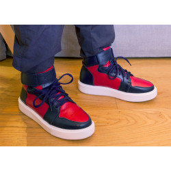 Unisex Skórzane Sneakersy High-Top – Czerwono-Granatowe | Piri Reis Handmade